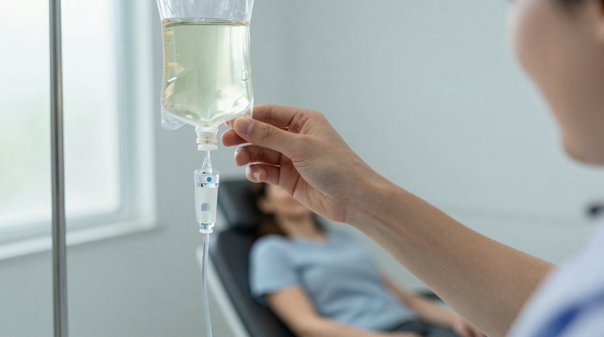 Медицинский специалист настраивает капельницу с витаминным коктейлем в современной клинике.